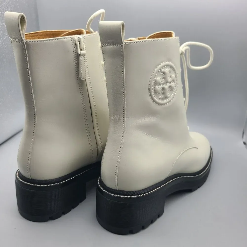 Tory Burch Boots Ivory Miller 50mm Lug Sole Bootie Lace Up Combat Size 11 New